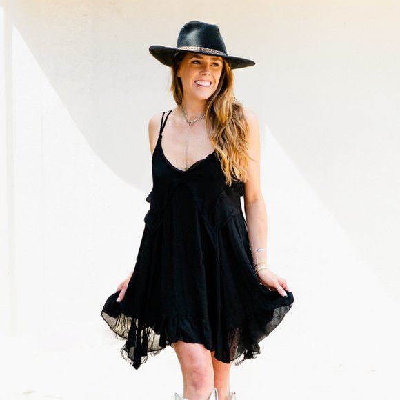 Black Flowy Layered Mini Dress Asymmetrical Hem Double Cross Back Straps Small - Picture 3 of 12